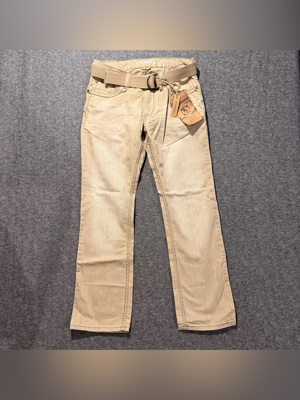 Flypaper Khaki Jeans Mens 32x32 Straight Belted 100% Cotton Faded Distressed y2k